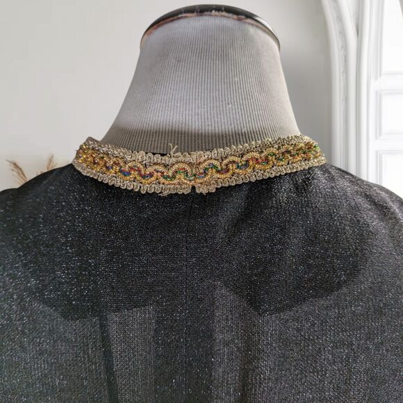Vintage 70s Black Sheer Sparkle Caftan Size L Gold Braid Trim Zip Maxi Roper - Picture 9 of 16